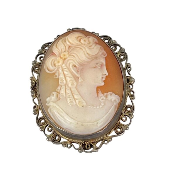 Antique European Cameo Brooch With Ornate Filigree Frame & 835 Silver Mark - Picture 9 of 9